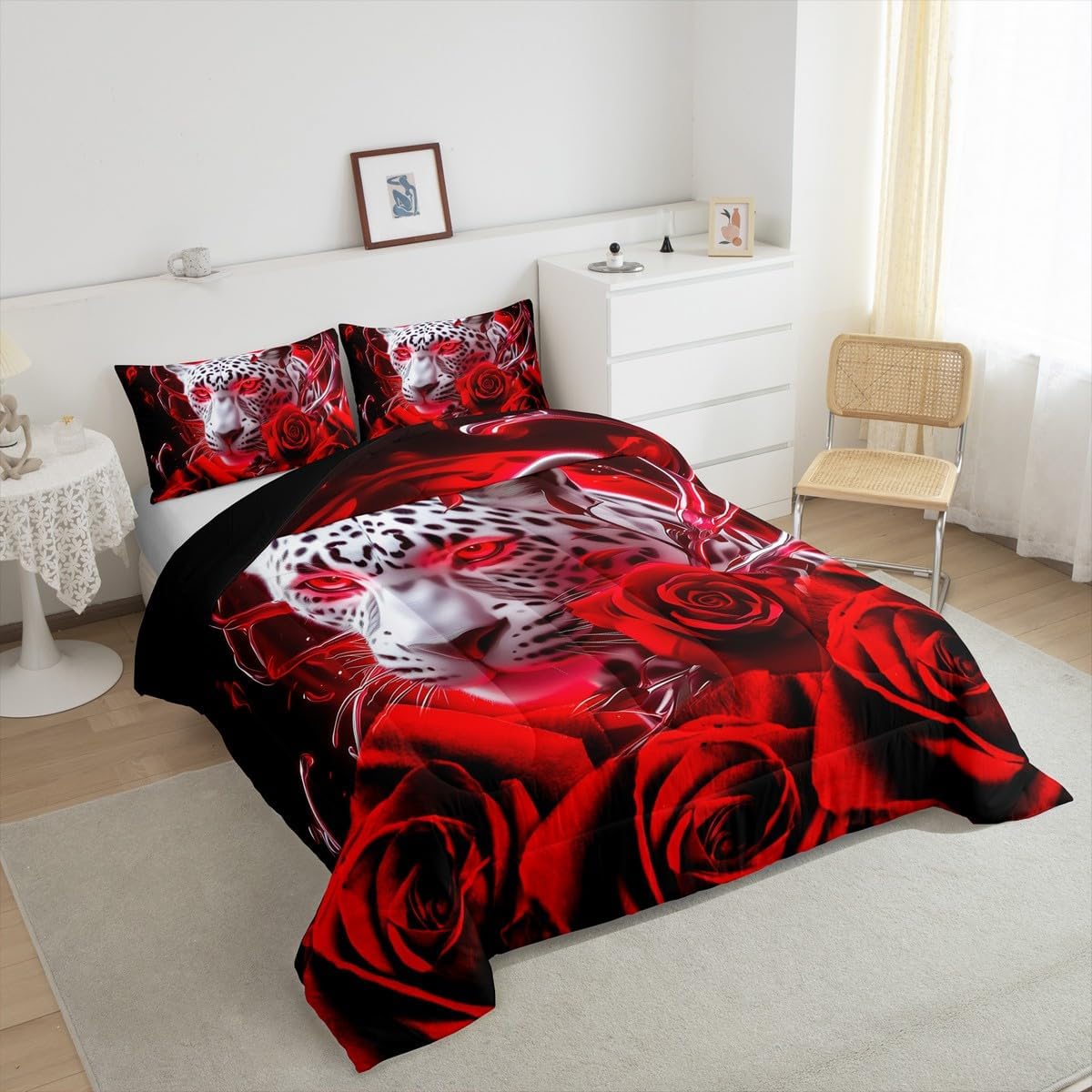 Feelyou Kids Red Rose Leopard Comforter Set Queen Size Wild Animal Printed Bedding Set for Teens Boys Girls Leopard Comforter Microfiber Bed Set