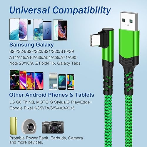 Miniatura 7 de Cable USB C de 10 pies, paquete de 4 unidades de USB-A a USB-C de 90 grados en ángulo recto tipo C de carga rápida para Samsung Galaxy S25 S24 S23