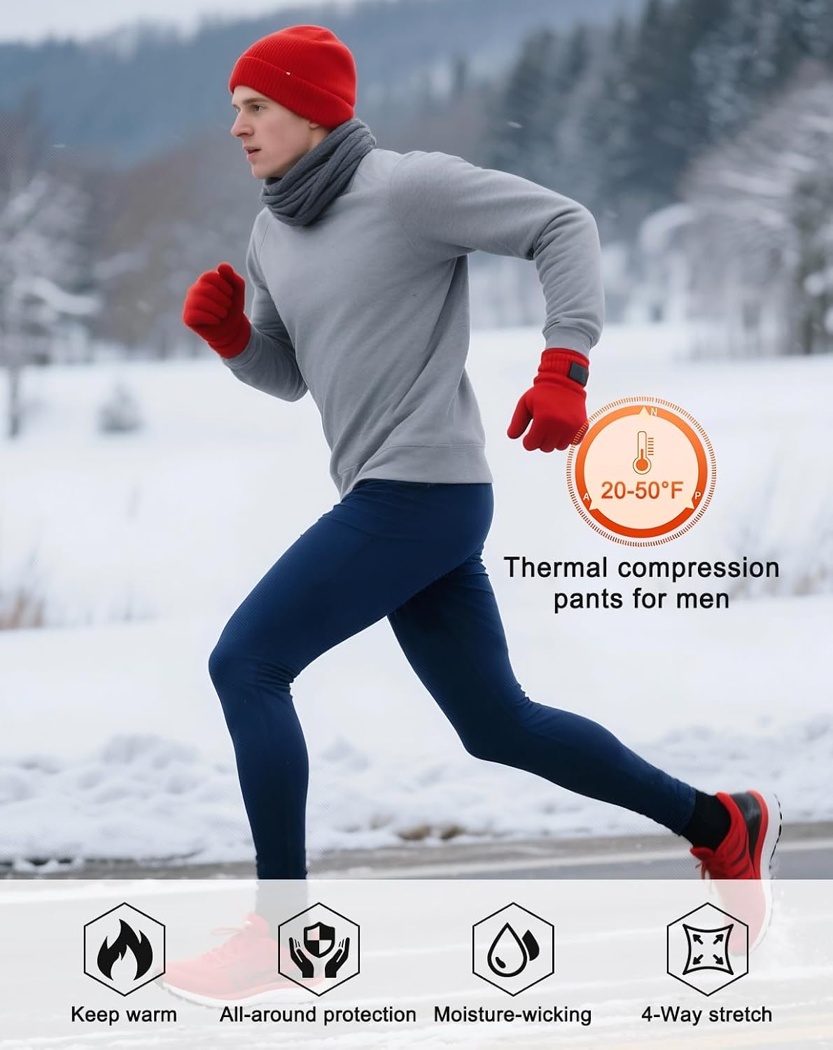 Men Thermal Compression Pants Fleece Lined Tights Athletic Heated Leggings Cold Weather Baselayer Winter Gear Pockets
