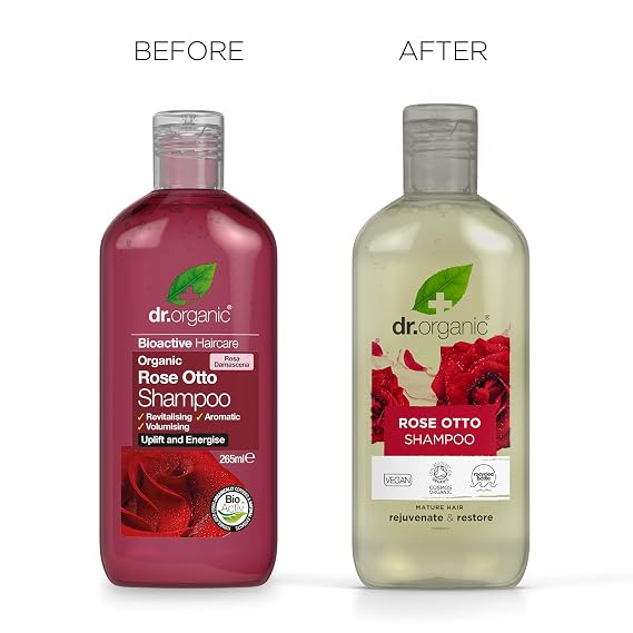 Dr Organic Rose Otto Shampoo, Restoring, Mens, Womens, Natural, Vegan, Cruelty-Free, Paraben & SLS-Free, Recyclable & Recycled Ocean Bound Plastic, Certified Organic, 265ml, Packaging may vary