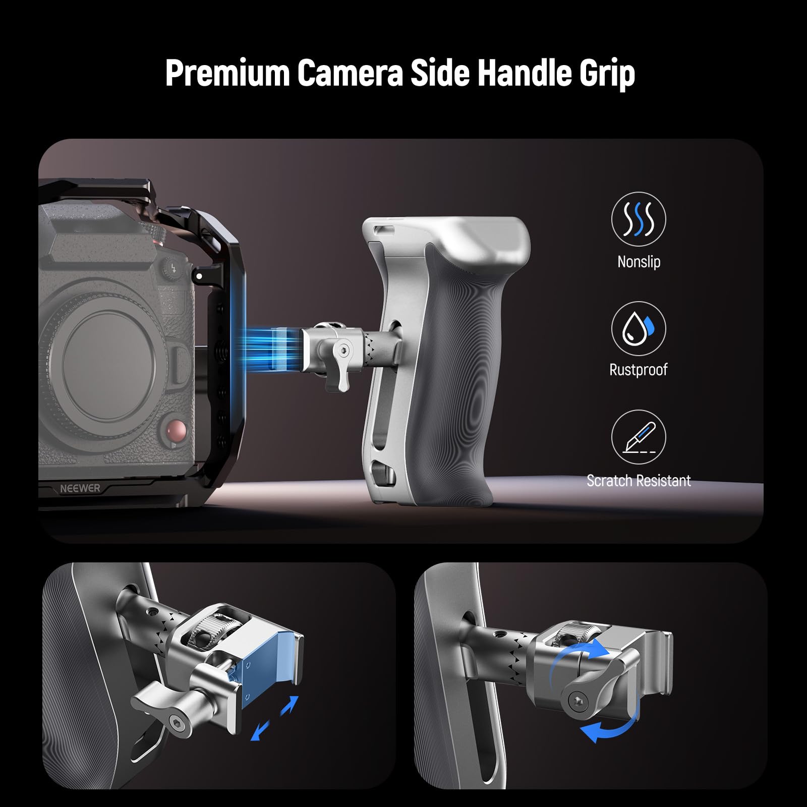 NEEWER Camera Side Handle NATO a Sgancio Rapido, Maniglia Laterale Ergonomica con Morsetto NATO, Presa Antiscivolo, Cold Shoe, Filetto 1/4" e 3/8" per ARRI, Compatibile con SmallRig Camera Cage, CA130