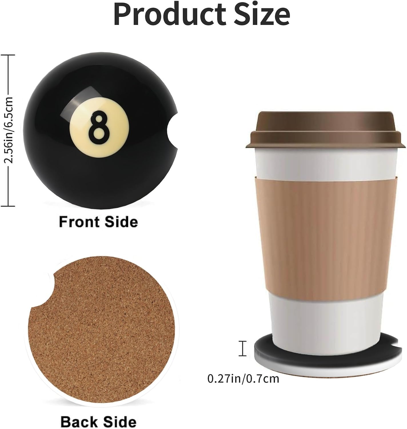 Car Coasters for Cup Holder 2 Pack, 2.56 Inch Absorbent Ceramic Drink Cup Coasters for Car, Anti-Slip Cork Base Interior Accessories for Women & Men - Billiards Black 8