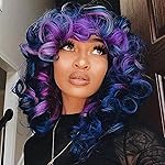 andromeda Short Curly Wigs for Black Women Soft Mixed Blue Purple Big Curly Wig with Bangs Cute Loose Curly Cosplay Party Daily Synthetic Wig for African American WomenMixed Blue Purple