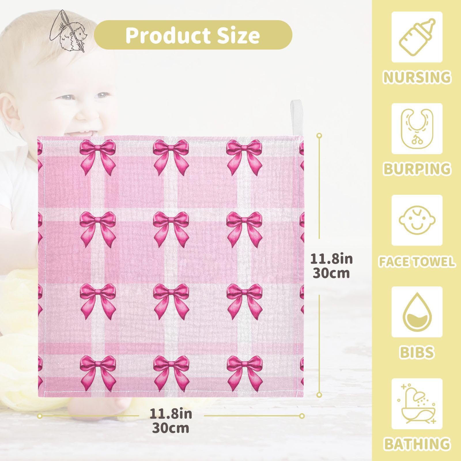 Nander 5Pack Baby Muslin Washcloths,Cute Pink Bows Soft Face Cloths for Newborn, Absorbent Bath Wash Cloths, Wipes, Burp Rag,Toddlers Essentials Stuff, Baby Registry as Shower