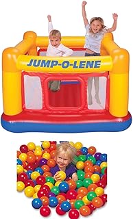 Intex Inflatable Colorful Jump-O-Lene Indoor Outdoor Bouncy Kids Ball Pit Castle Jumper Bounce House for Kids Ages 3-6 w/ 100 Play Balls