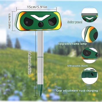 Ultrasonic Cat Repellent, Cat Deterrents Solar Mole Repellent 2 Modes, Ultrasonic Animal Repeller with PIR Motion Sensor & Flashing Light for Farm Garden Dogs Cats Birds Squirrels Deterrent