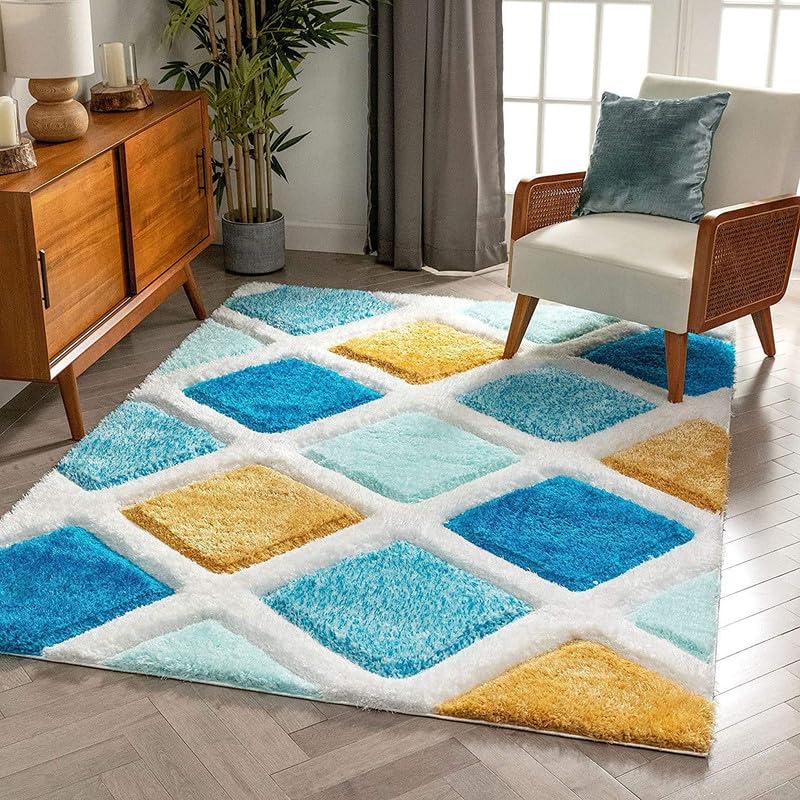 Image of Shaggy Carpet for Home 8X10 FEET Ultra-Soft, Thick, and Stylish Shag Texture Ideal for Living Room, Bedroom, or Office - Easy to Clean and Perfect (Yellow Blue White,)