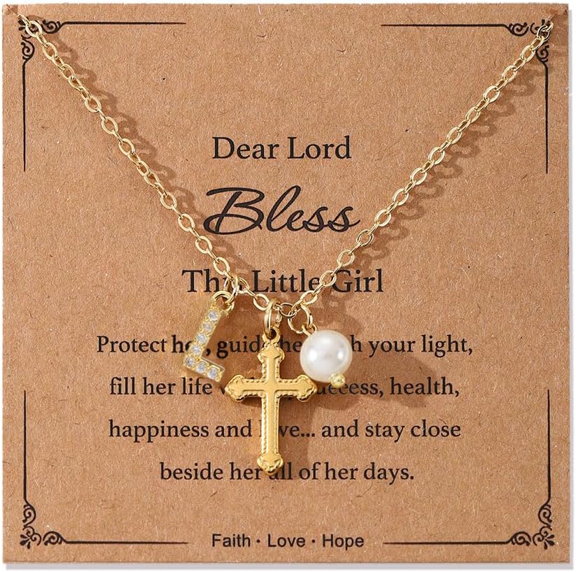 Initial A-Z Pearl Cross Necklace for Girls Teen,First Communion Baptism Confirmation Christian Gifts for Her Daughter