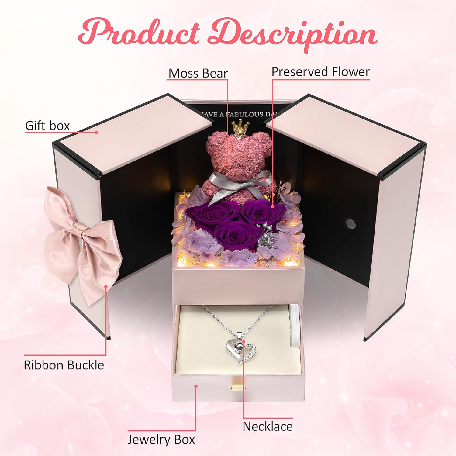 Childom Mothers Day Mom Gifts for Mom,Birthday Gifts for Women,Mothers Day Flowers Gift for Moms Wife Grandma,Purple Light Up Rose Preserved Flowers for Delivery Prime with Necklace for Anniversary