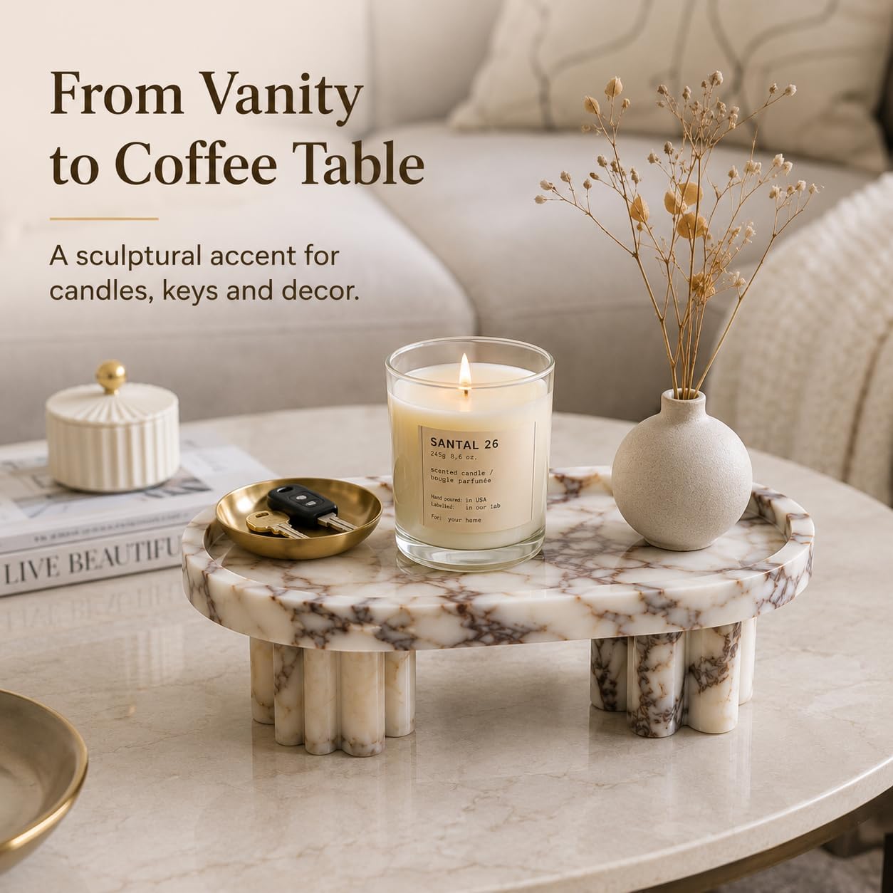CHONNFEASTT® Natural Marble Oval Vanity Tray with Legs - Footed Marble Tray | Decorative Perfume Tray for Dresser, Nightstand, Coffee Table, Bathroom Countertop, Jewelry - Candle & Catchall Display