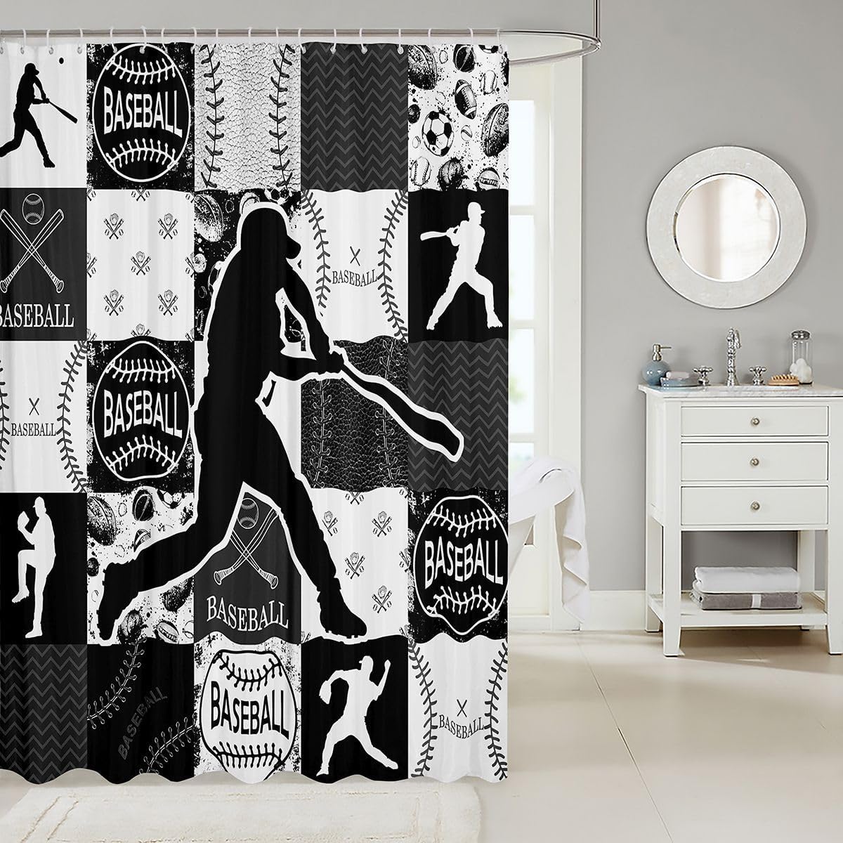 Feelyou Baseball Shower Curtain for Bathroom Decor Patchwork Bath Curtain Baseball Gaming Bathroom Accessories Dark Waterproof Polyester Fabric for Stalls Bathtubs 72"x78" image 2