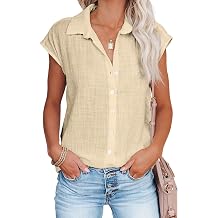 Linen Shirts for Women Cap Sleeve V Neck Collared Button Down Shirts Blouses Casual Loose Lightweight Summer Tops