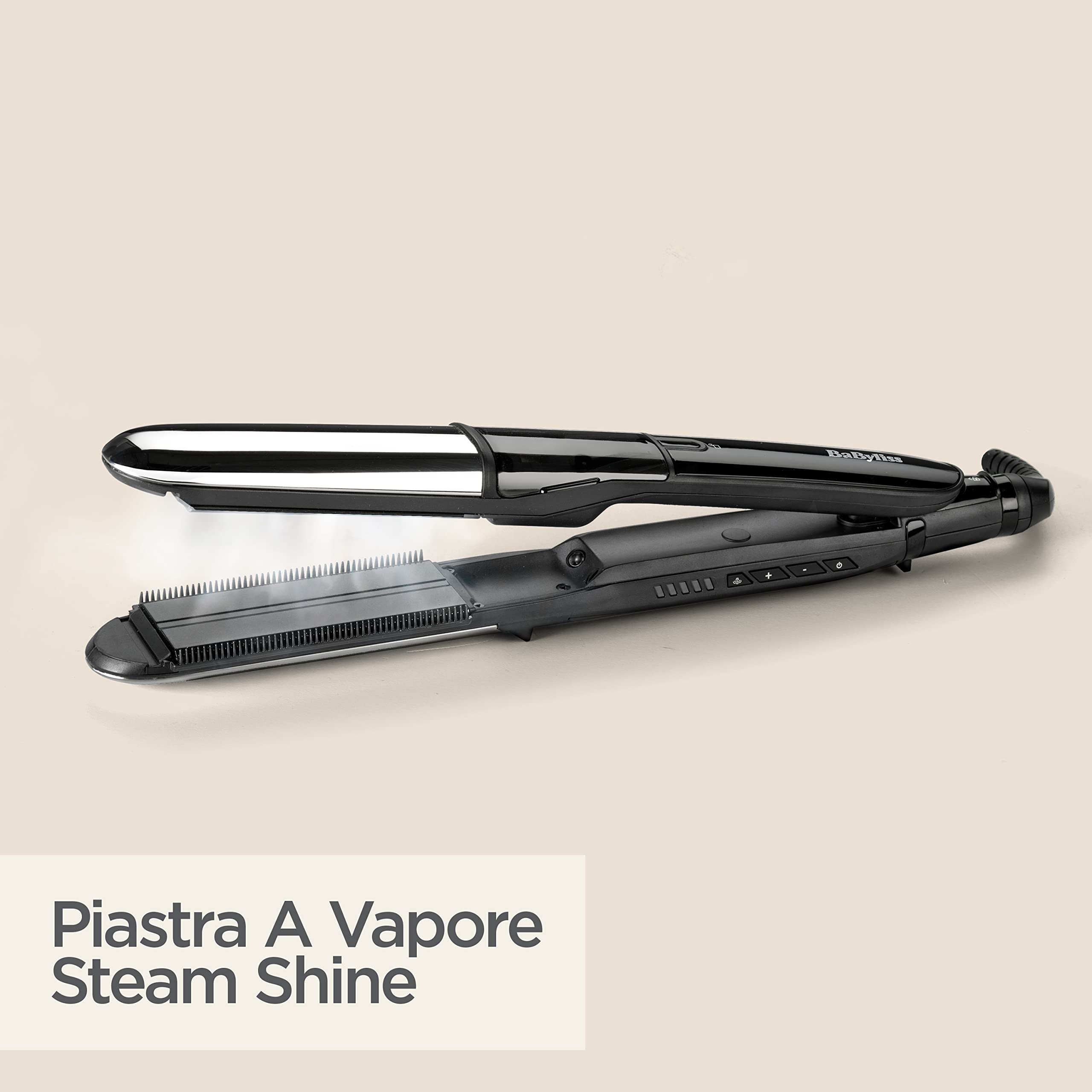 BaByliss ST496E Piastra a vapore 2in1 Steamshine ceramic, Piastre in diamond ceramic da 39 mm, Riscaldamento Advanced Ceramics™, lisciante, 5 temperature, Auto spegnimento di sicurezza, nera e argento