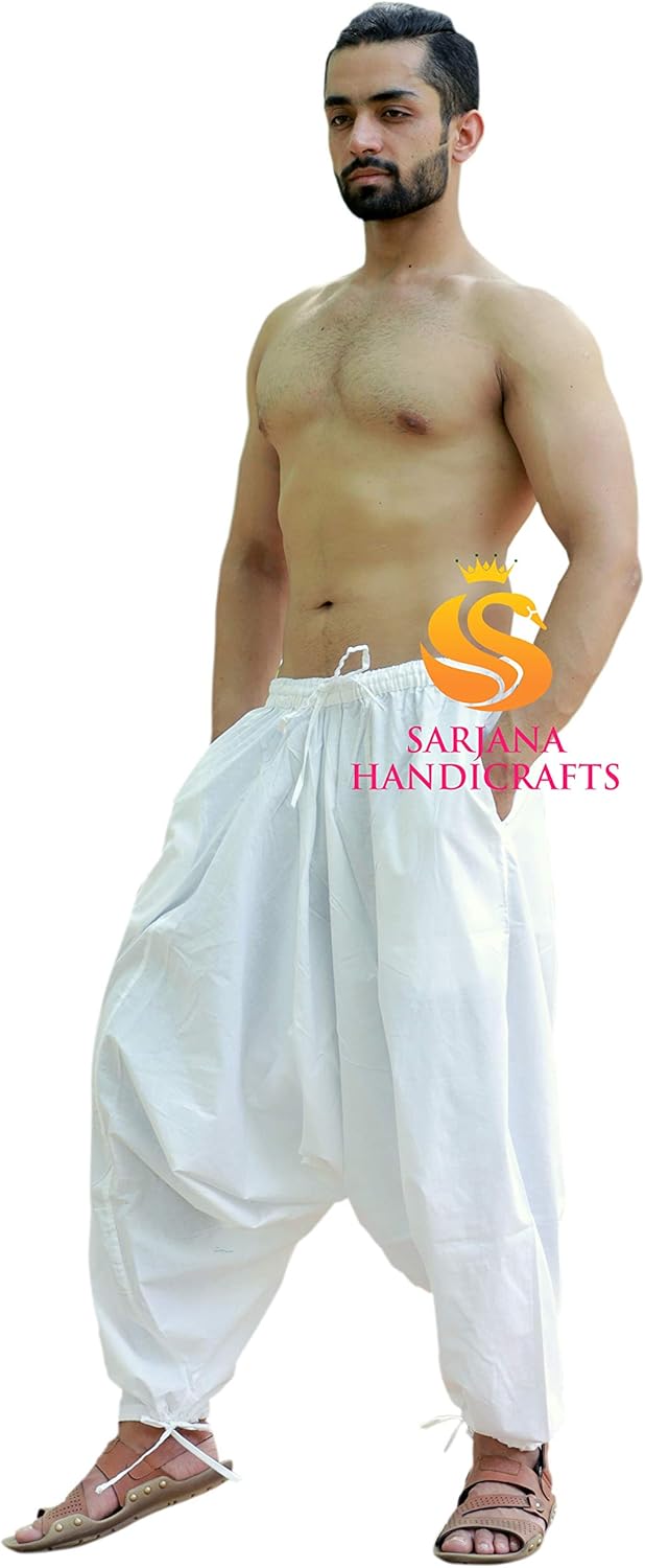 SARJANA HANDICRAFTS Men's Cotton Harem Yoga Baggy Genie Boho Pants (Free Size, White) : Clothing, Shoes & Jewelry