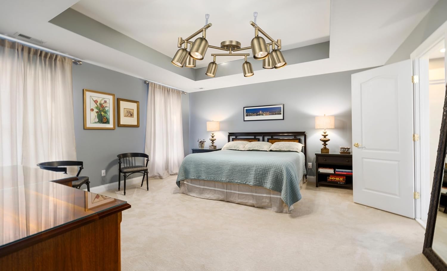 8 Light Modern Track Lighting Fixtures, Matte Brass Center Rotatable Bar Ceiling Spotlight, Foldable Arms Track Lighting Kit for Kitchen,Dining,Living Room Bedroom,GU10 Bulb Not Included