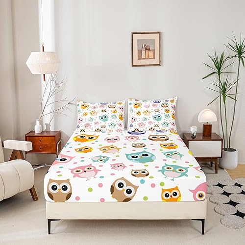 Miniatura 2 de Feelyou Juego de sábanas ajustables con diseño de búho lindo para niñas, diseño de pájaros, tamaño individual, diseño de búhos, juego de sábanas