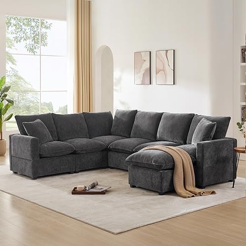 KIVENJAJA 7 Seater Sectional Sofa, Modern Chenille U Shaped Modular Cloud Couches, Living Room Furniture Set with Ottoman & Pillows, 110 * 84”, Dark Grey