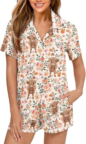 Pajamas for Women Set Summer Button Up Womens Pajama Sets Short Sleeve V Neck Sleepwear
