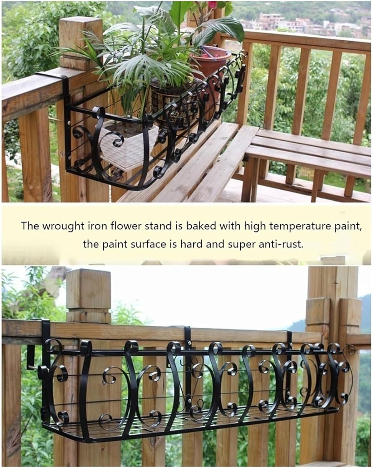Wrought Iron Railing Planter for Balcony - Fence Planters & Hanging Flower Stand, Durable Plant Pot Holder (80x27x19cm) for Garden & Patio Decor