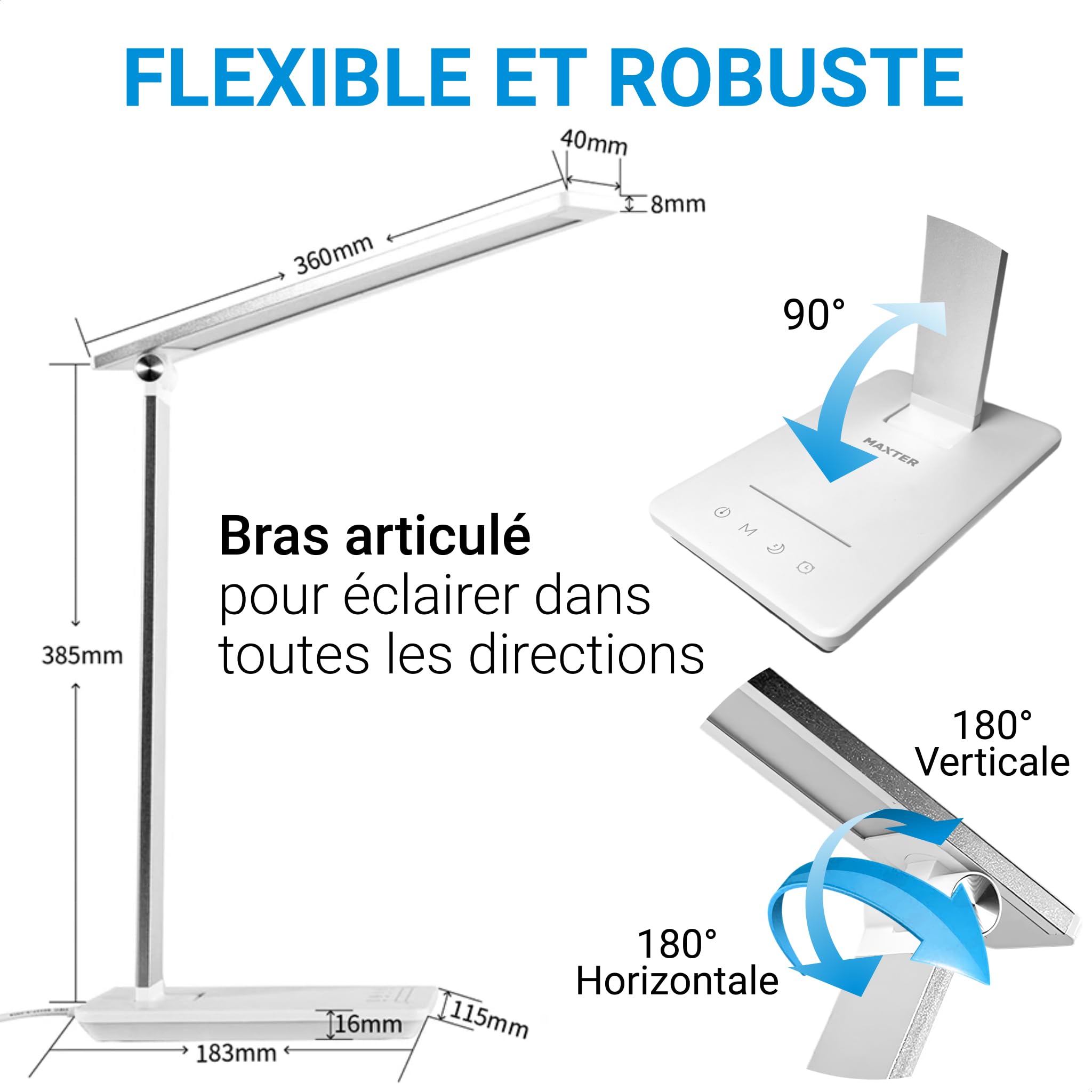 Maxter Lampe de Bureau LED Puissante - Lampe de Chevet et de Lecture Sans Fil Rechargeable (6W, 550 Lumen, Port USB, 5 Niveaux de Luminosité et 5 de Couleur, Minuterie 30 min, Mode Lecture)