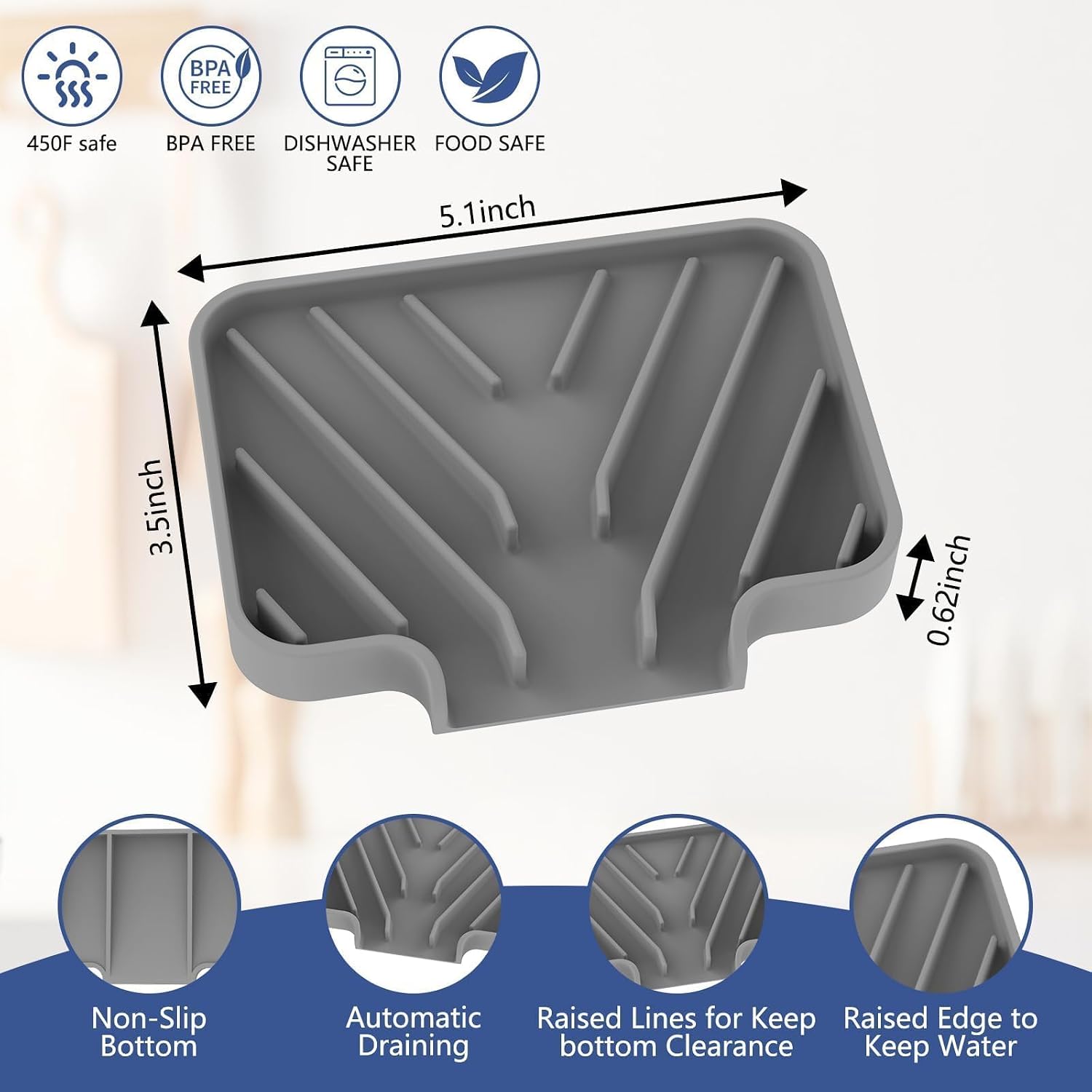 JACZZO Silicone Sponge Holder & Soap Dish for Kitchen Sink, 3.5"x5", Gray