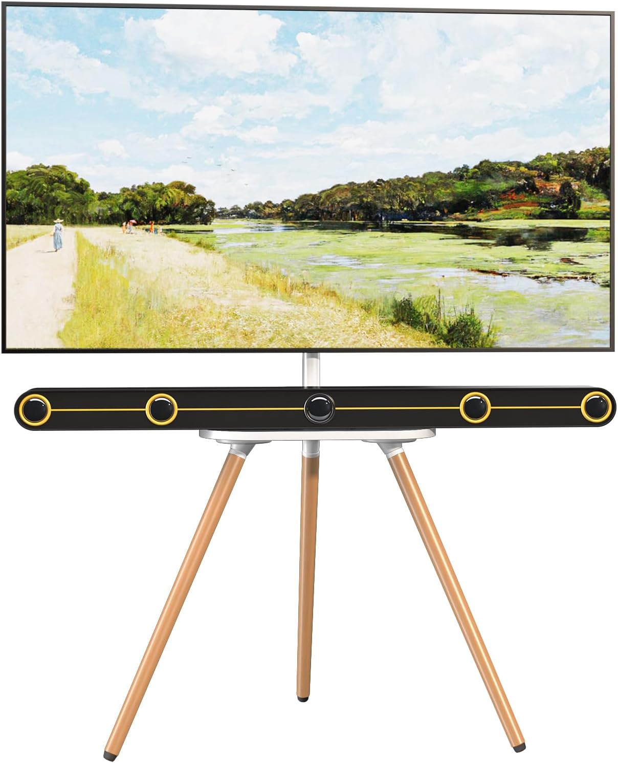 PUTORSEN Easel TV-Stand for 43-65-Inch Screens - Portable Swivel Tripod TV Stand with Wooden Tray, Height Adjustable TV Floor Stand, Max Load 77 lbs, Max VESA 400x400 mm, White