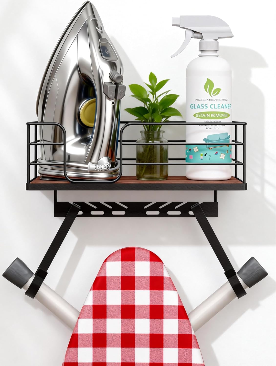 THYGIFTREE Ironing Board Hanger Wall Mount Adjustable Hooks Fits T & Y Shaped Boards, Iron Holder Metal Frame with Wood Shelf for Laundry Room Organization, Holds Iron, Steamer & Accessories