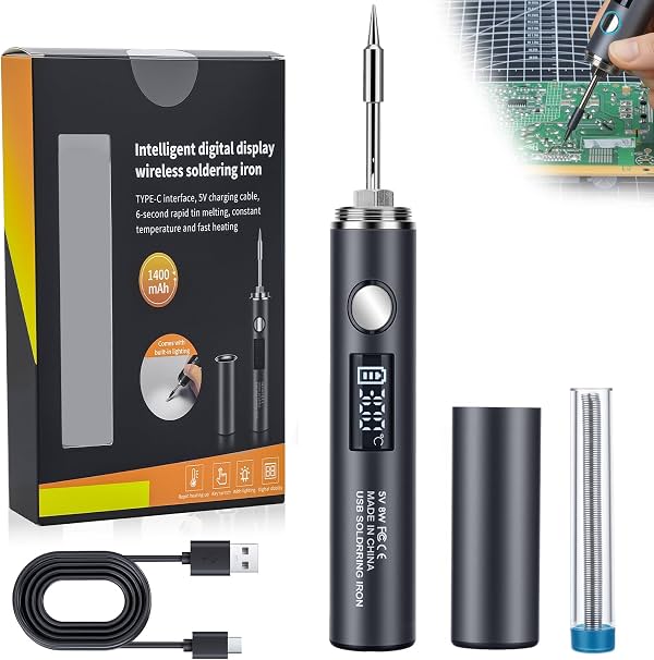 Kit de Cautín Inalámbrico, Cautín Inalámbrico con Luz LED | Kit de Soldadura Recargable de 1400mAh, Calentamiento Rápido en 7 Segundos (500°F-788°F), Pistola de Soldar para Reparaciones Eléctricas y Bricolaje
