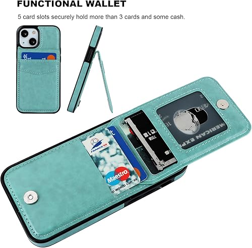 Miniatura 4 de KIHUWEY Funda compatible con iPhone 13 Mini de 5.4 pulgadas (verde menta) con soporte para tarjeta de crédito, cierre magnético de alta calidad,