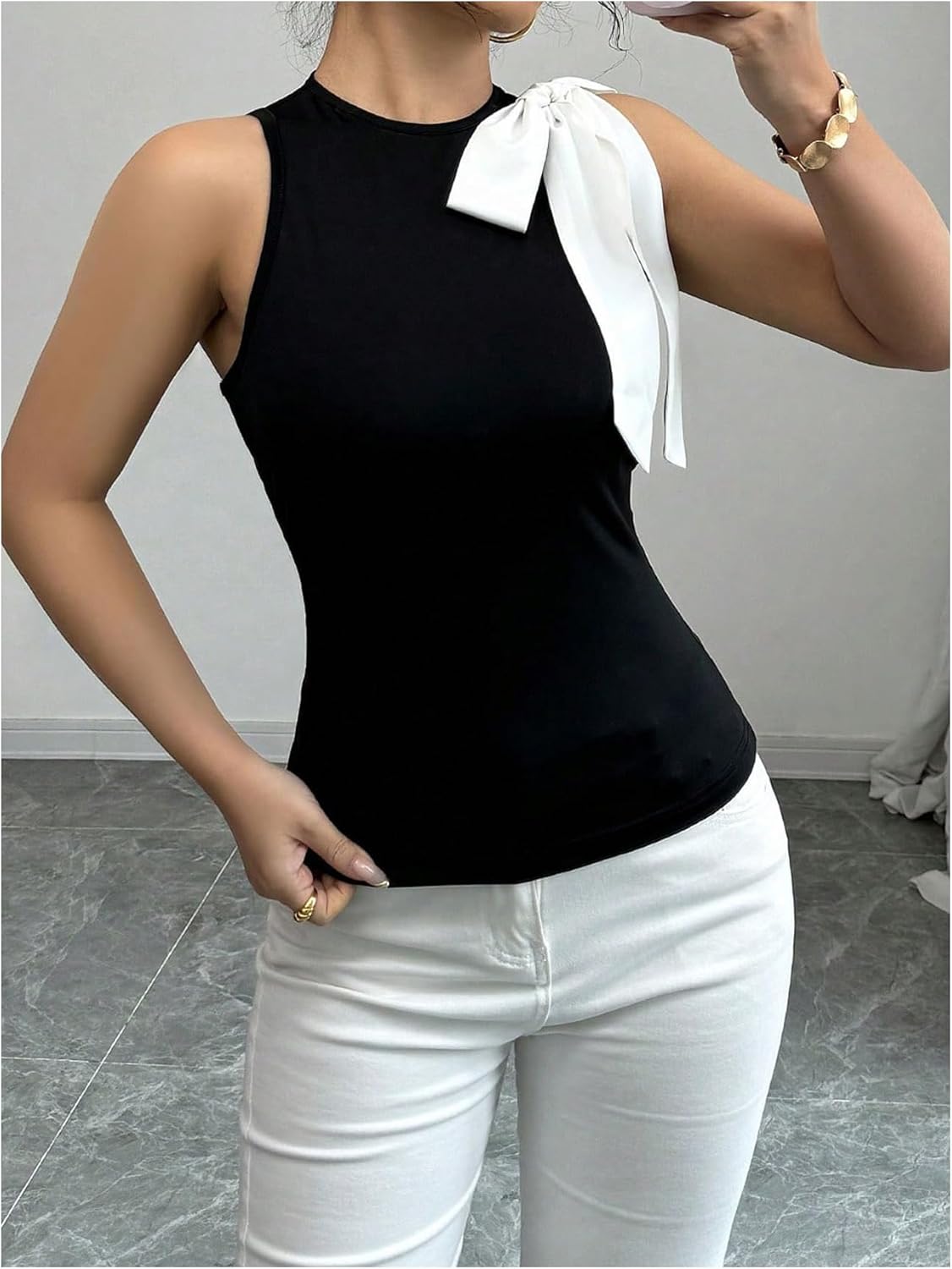 Milumia Women's Bow Tie Crewneck Sleeveless Top Colorblock Trendy Slim Fitted Tank Tops - Image 5