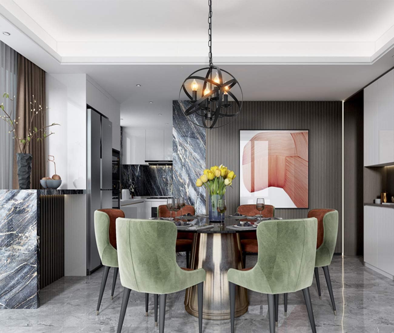 Flash Deals - 70% OFF Industrial Pendant Light Vintage Spherical Pendant Lighting with 4 E12 Chandelier Lamp Base Farmhouse Black Metal Kitchen Dining Room Light Fixture, 1-Pack