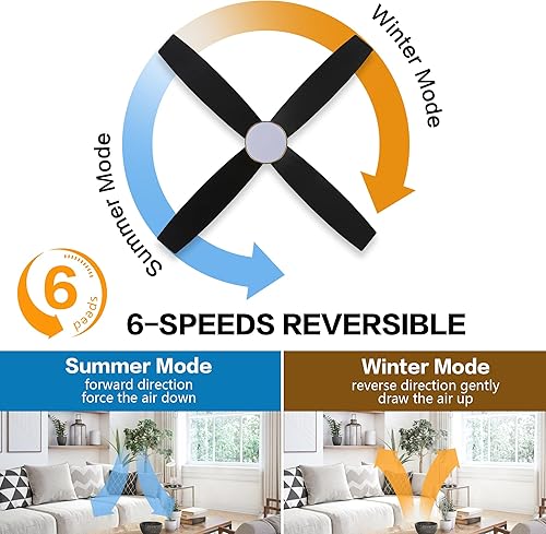 Miniatura 3 de WINGBO Ventilador de techo CC de montaje empotrado de 52 pulgadas con luces y control remoto, 4 aspas reversibles, motor de CC ultra silencioso de 6