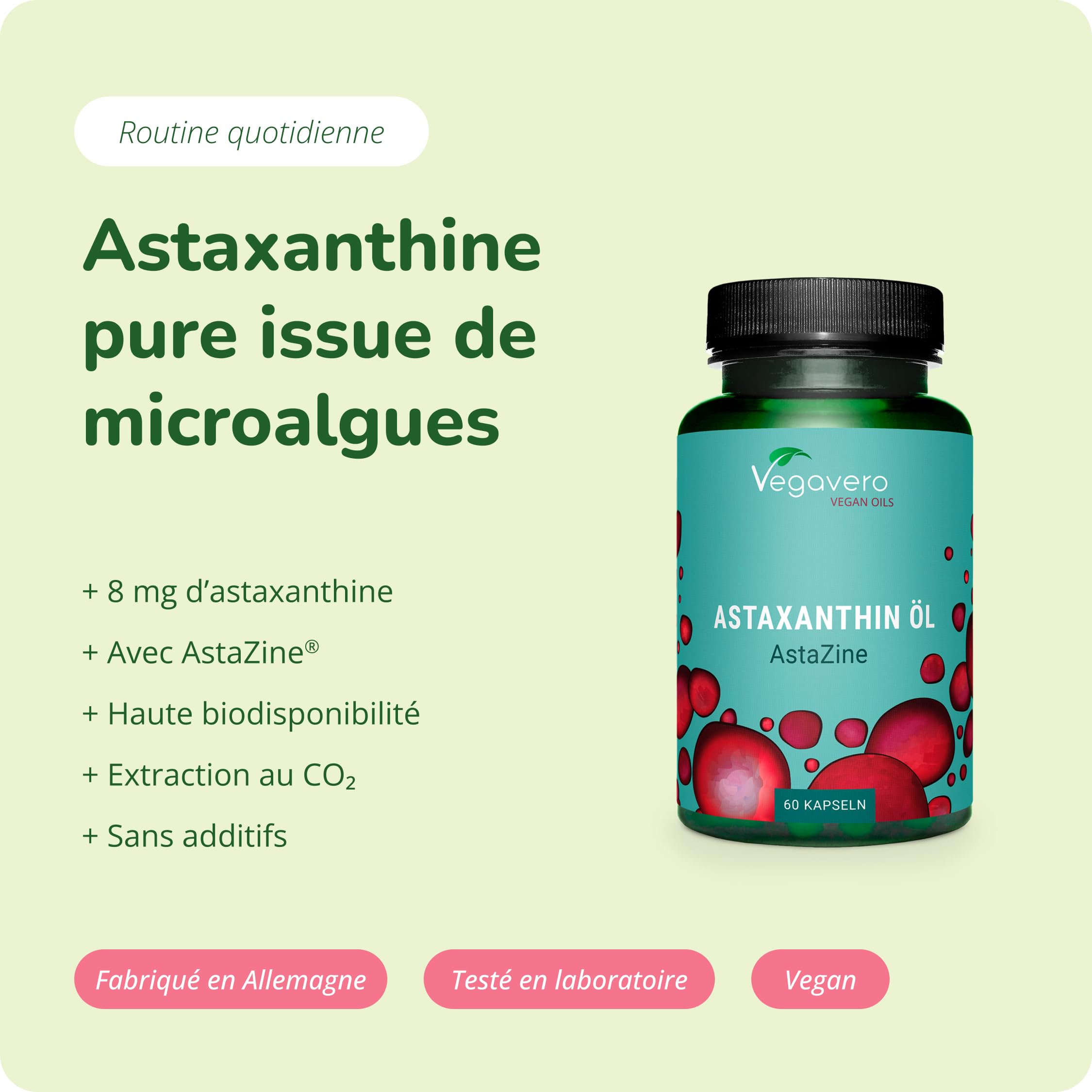 Astaxanthine 8mg PREMIUM Vegavero® | Qualité Supérieure : Huile AstaZine® | 100% Naturelle & Pure | Sans Additifs | Antioxydant Puissant | VEGAN