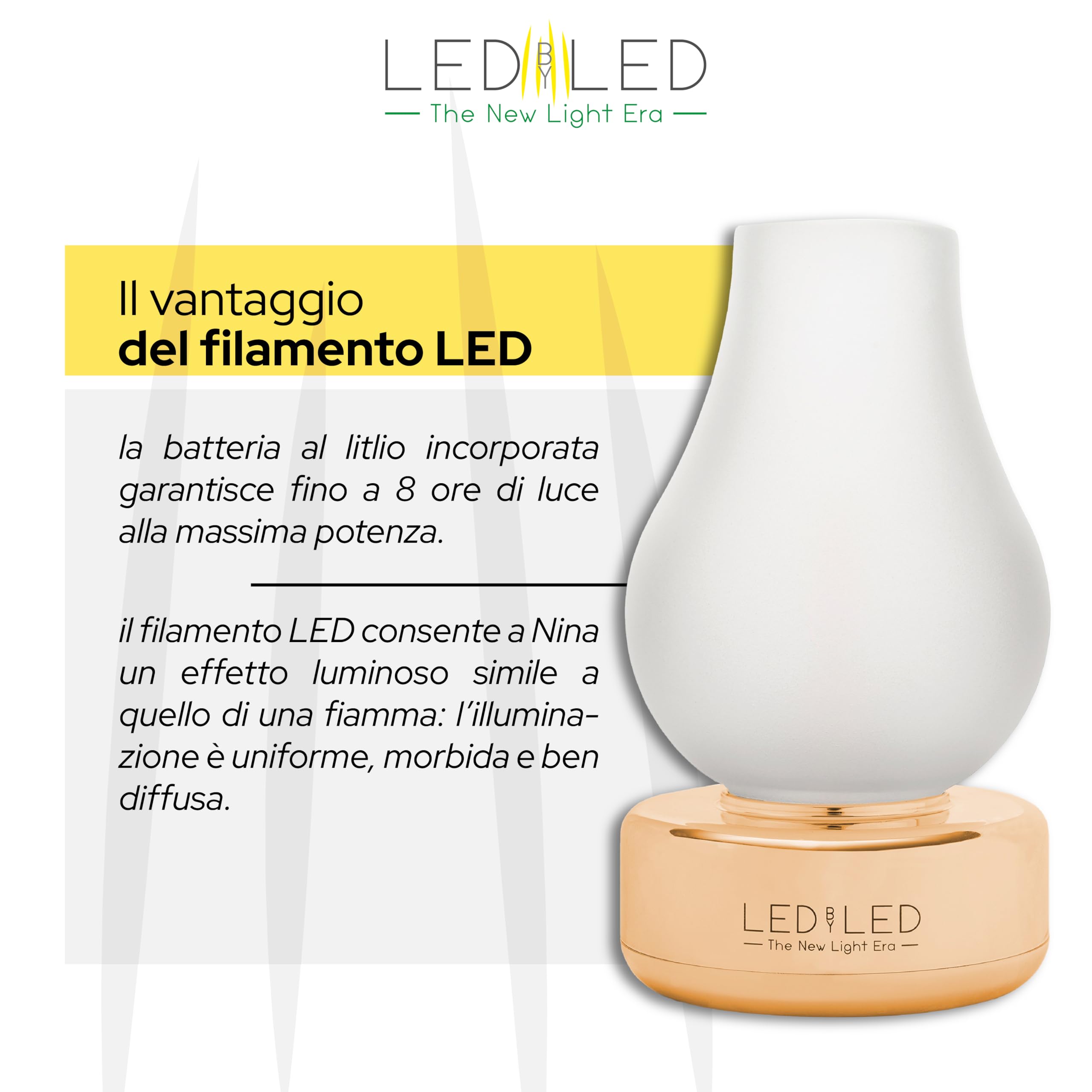 Lampada Da Tavolo Nina Ricaricabile, Dimmerabile Senza Fili, Base Ottone, Vetro Smerigliato, 3 Livelli Di Luce, Fino A 80 Ore Autonomia, IP54