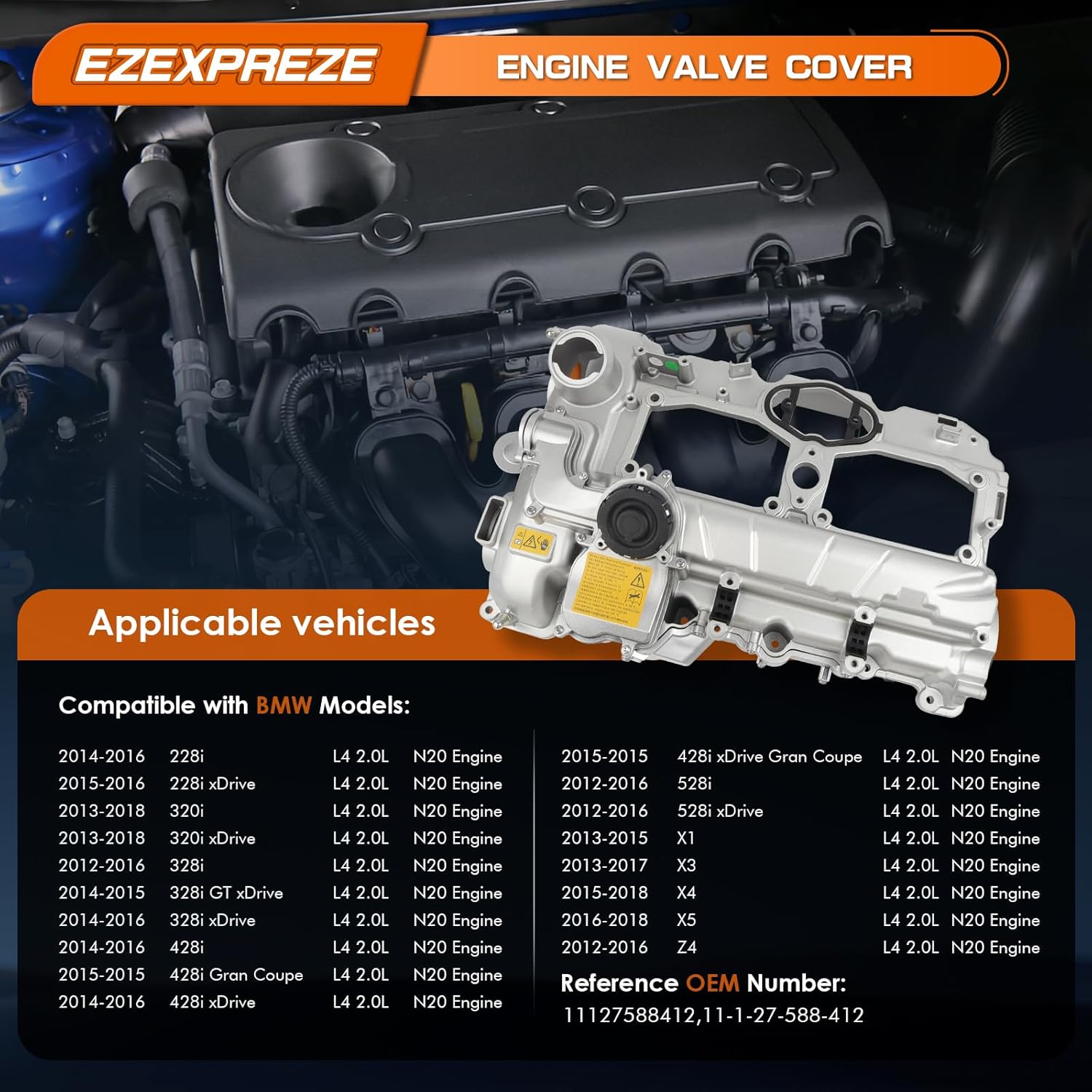 Ezexpreze 2.0L Turbo N20 Upgrade Aluminum Engine Valve Cover with Oil Filler Cap & Gasket & Bolts Compatible with 2012-2018 BMW 228i 320i 328i 428i 528i X1 X3 X4 X5 Z4 (Included GT/xDrive)