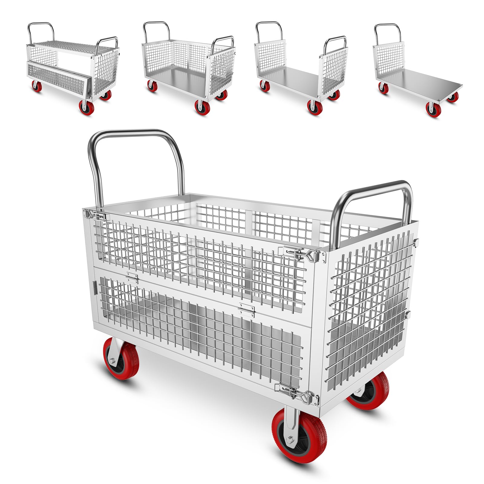 5in1 Schwerlast Plattformwagen 1000kg Traglast, Rollwagen Silber | 112x71 Cm, 15 Cm Geräuschlosen Rädern, Klappbarer, Käfig/Klapptor/3-Seiten/U-förmiger/Flachbett-Plattformwagen