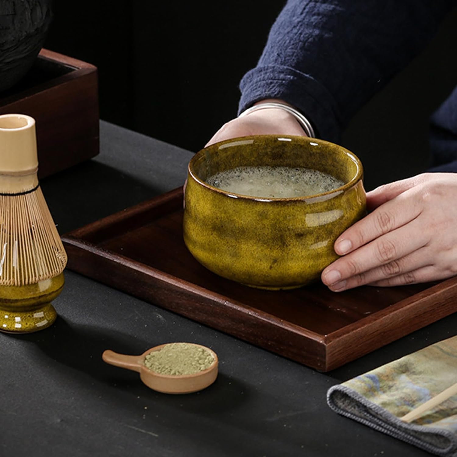 7PCS/Set Matcha Whisk Set Includes Matcha Bowl, Bamboo Whisk, Holder, Sifter, Tea Scoop, Scoop Holder and Tea towel, Japanese Set Yellow-Green