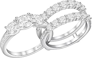 Vintage Three Stone Engagement Rings for Women Sterling Silver Wedding Bridal Sets Round Cut Band Ring Enhancer Cubic Zirconia
