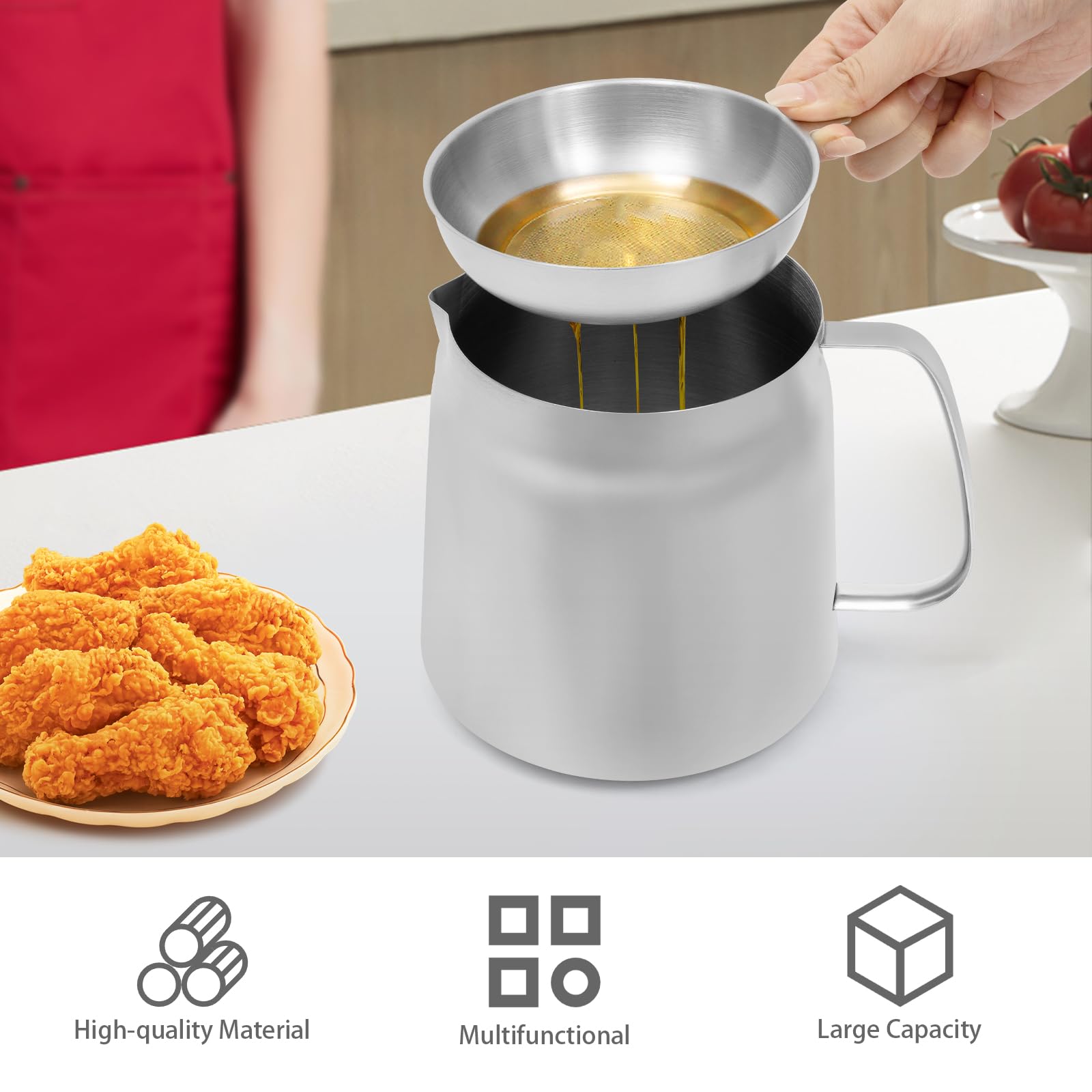 KAPIPALA Vaso per filtro dell'olio in acciaio inox 304, 2 l, con filtro a maglia fine e cestino per friggere, in acciaio inox, per vari forni, filtri e olio da cucina per casa, cucina, ristorante