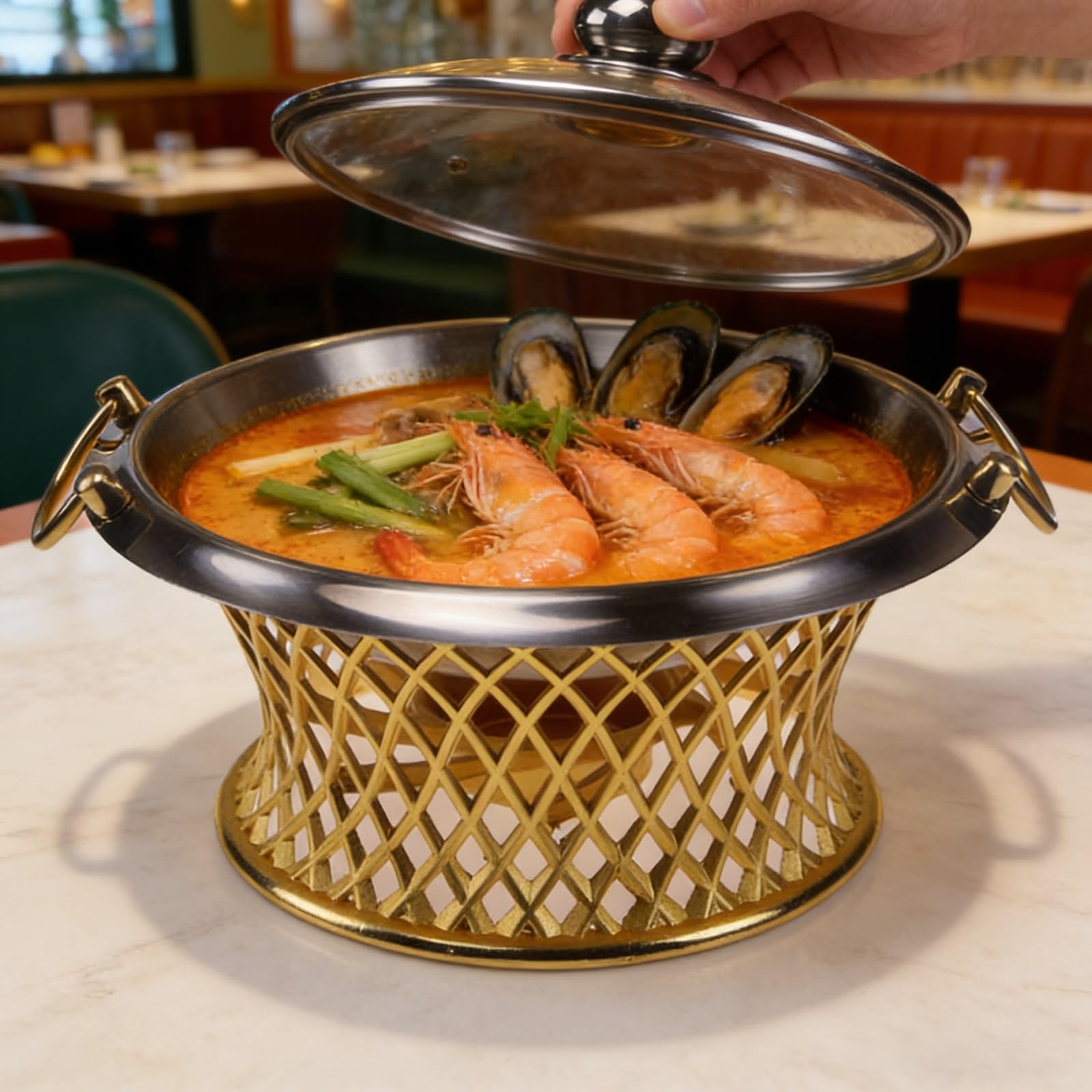 Juego de platos para bufé con tapas de cristal, calentador de alimentos de mesa de acero inoxidable, 24 cm, para catering, fiesta, boda