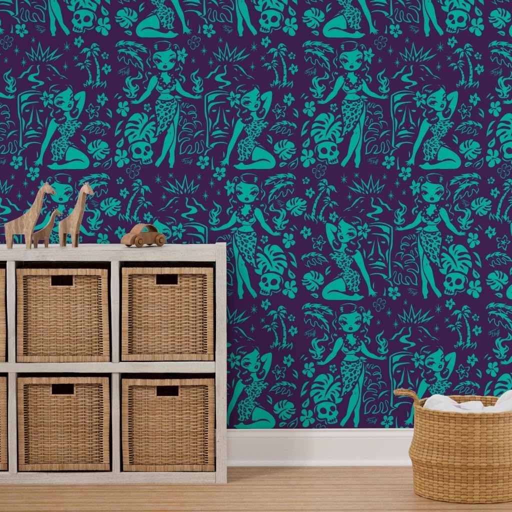 Peel & Stick Wallpaper 3ft x 2ft - Large Tiki Teal Purple Tropical Hawaii Hawaiian Vintage Retro Custom Removable Wallpaper by Spoonflower