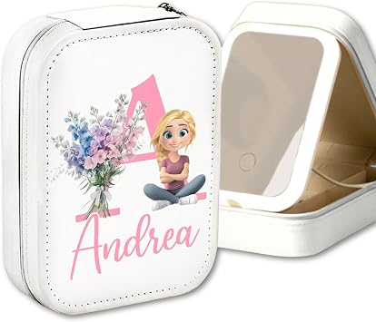 Women & Girls Floral Makeup Box With LED Mirror - Personalized Initial Letter and Birthmonth Flower Travel tic Case Gift for Daughters Sisters Friends Coworkers on Birthday Christmas