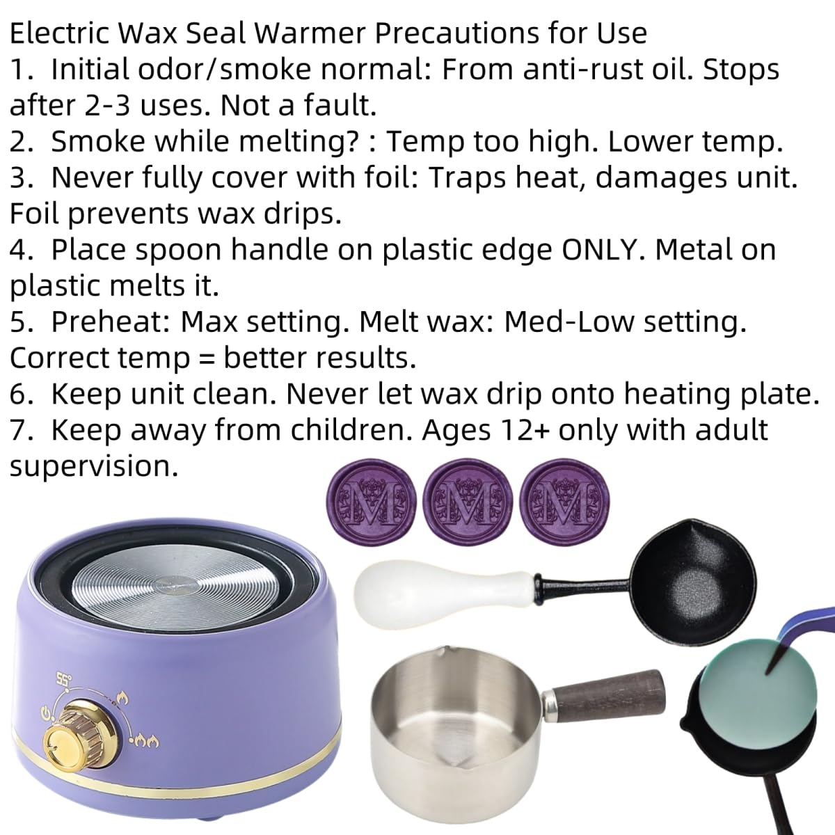 Sealing Wax Warmer Electric with 300Pcs Purple Waxseal Beads, a 80ml Large Spoon, a Non-Slip Melt Scoop, Electric Wax Seal Melting Warmer Furnace Kit(300 Purple White Set)