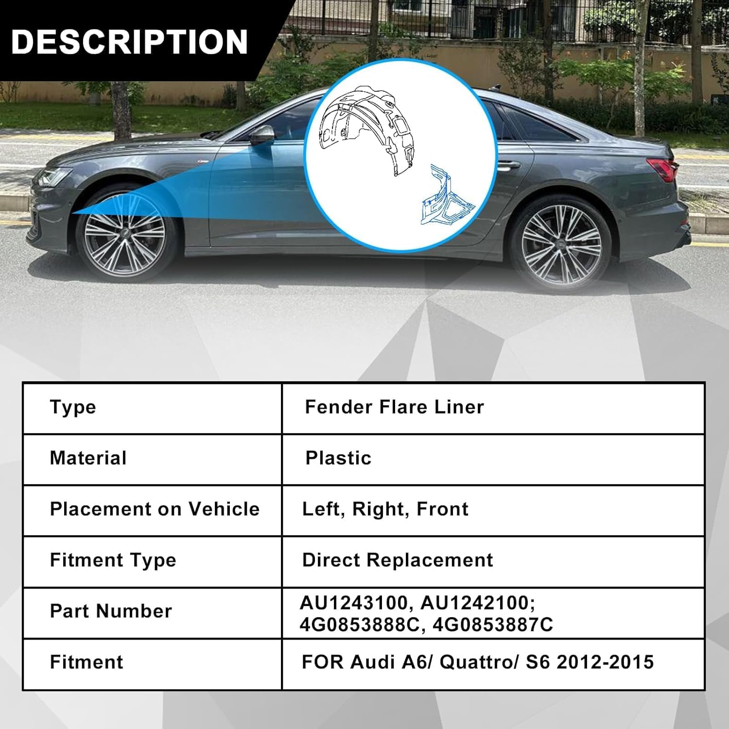 1 Pair Front Section Fender Liners Compatible with Audi A6 Quattro S6 2012-2015 Replace# 4G0853888C 4G0853887C AU1243100 AU1242100 LH & RH Front Section Wheel Fender Flare