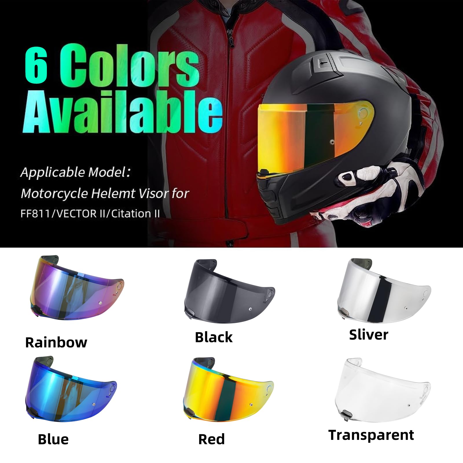 VCOROS Motorradhelm Visier,Motorrad Windschutz Helm Objektiv Visier,Helmvisier für FF811/VECTOR II/Citation II,Vollgesichts Helmlinsenvisier Motorradhelm Zube (Regenbogen)