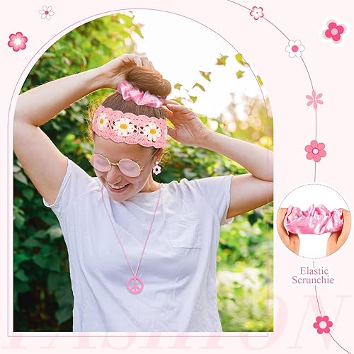 Miniatura 5 de Remuuly 5 piezas de accesorios hippie de los años 60 y 70 para mujer, diadema de punto de flores, trajes retro de los años 70, disfraz hippie