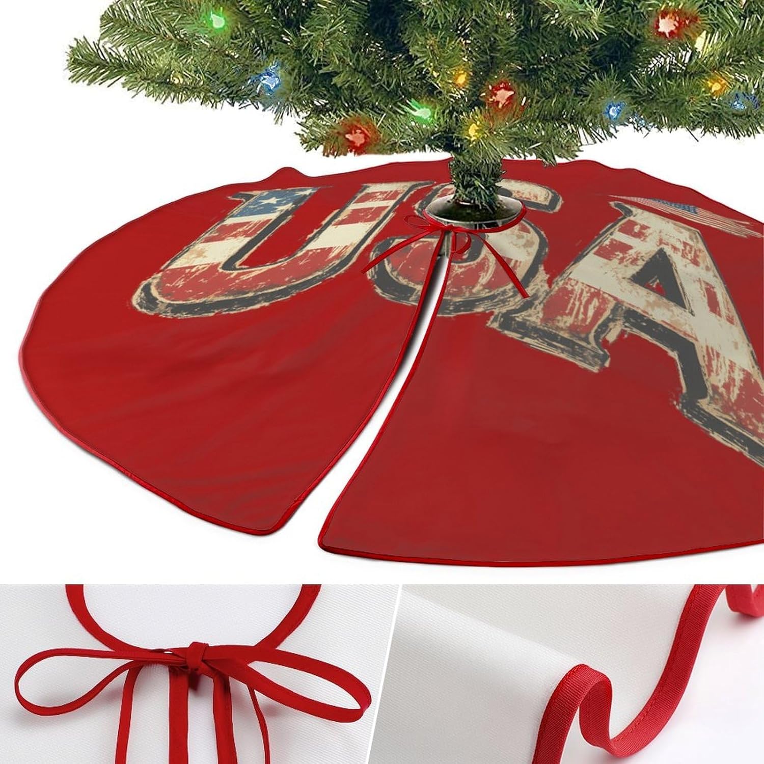 Vintage USA Flag Christmas Tree Skirt Ornaments Christmas Tree Mat for Home Party Holiday Decorations