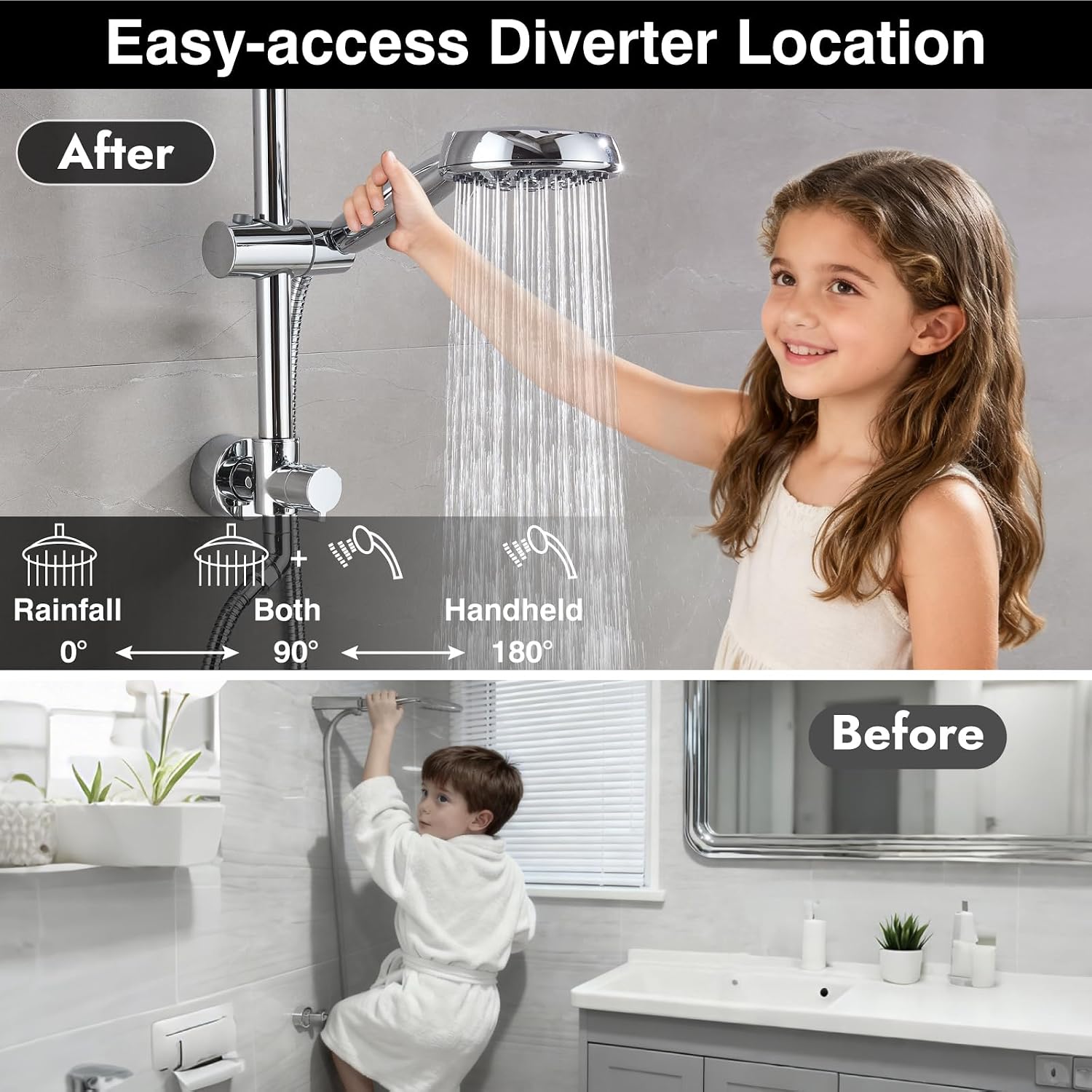 Midanya Retrofit Rain Shower System Wall Mount 8 Inch Rainfall Shower Head with 5-setting Handheld Spray Combo with Slide Bar,Polish Chrome