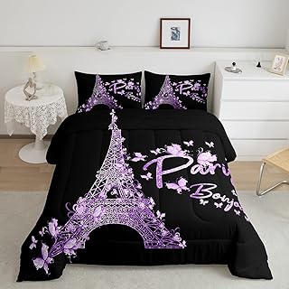 Feelyou Paris Eiffel Tower Comforter Set Girly Lavender Purple Bedding Set for Kids Boys Girls Butterfly Comforter Famous City Scene Decor Quilt Room 3Pcs Queen Size Boys