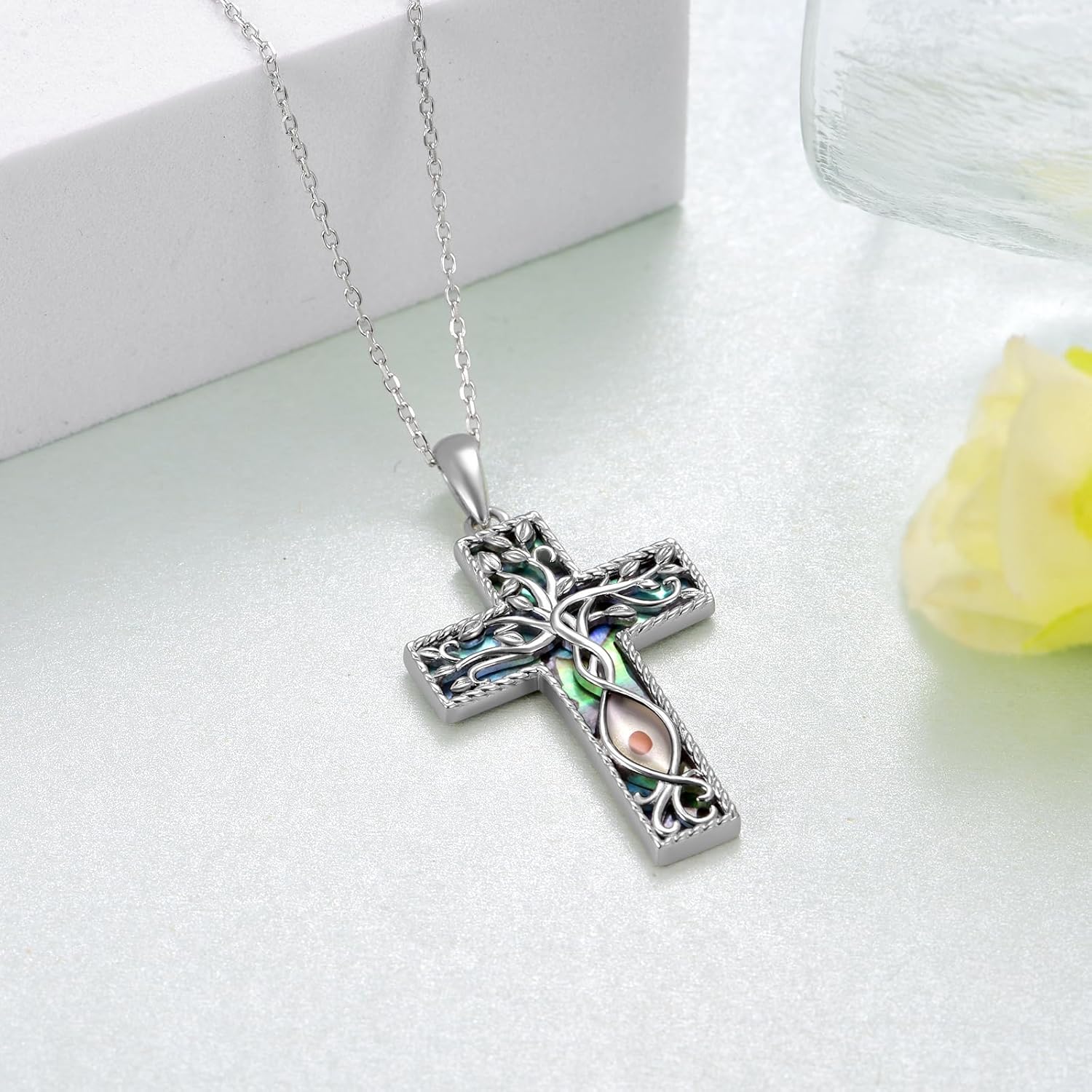 TYSO Tree of Life Cross Necklace 925 Sterling Silver Mustard Seed Necklace Tree of Life Pendant Jewelry Gifts for Women - Image 3